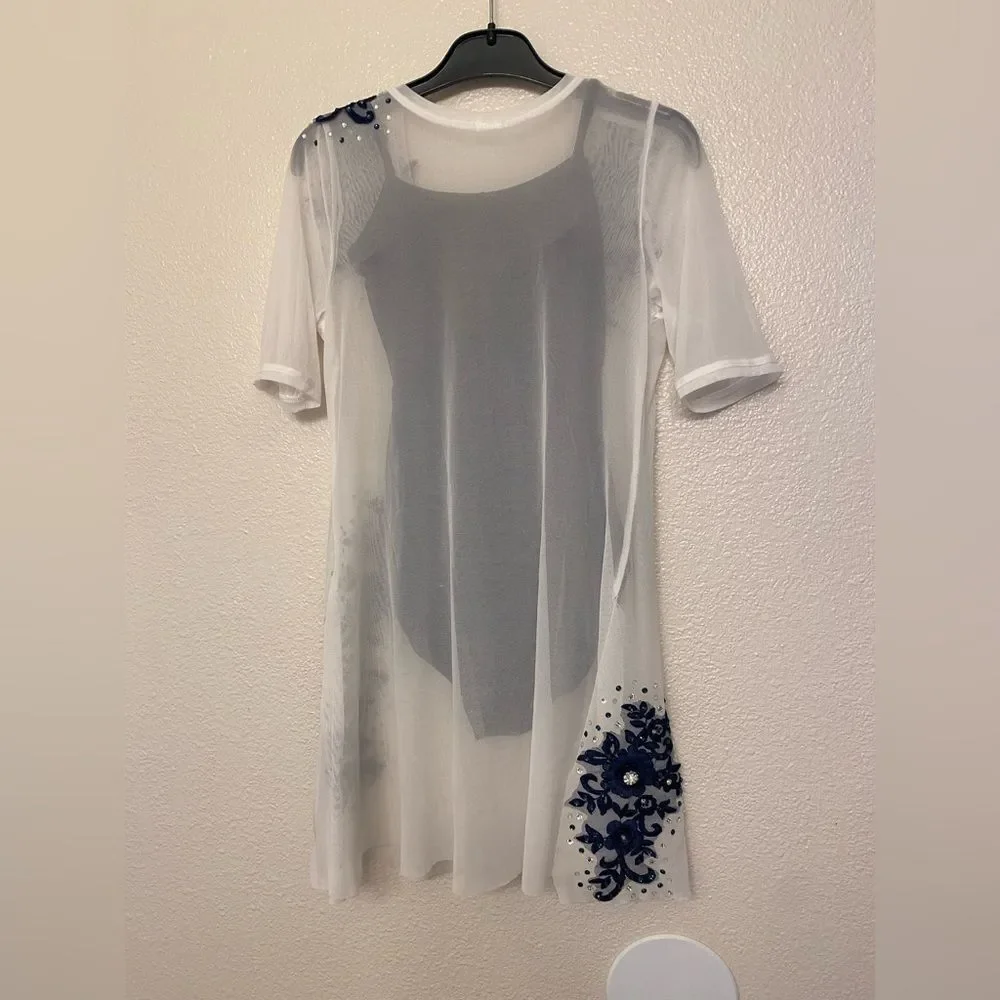 Custom solo dance costume white embellished mesh tunic stoned Overdress XSA adul